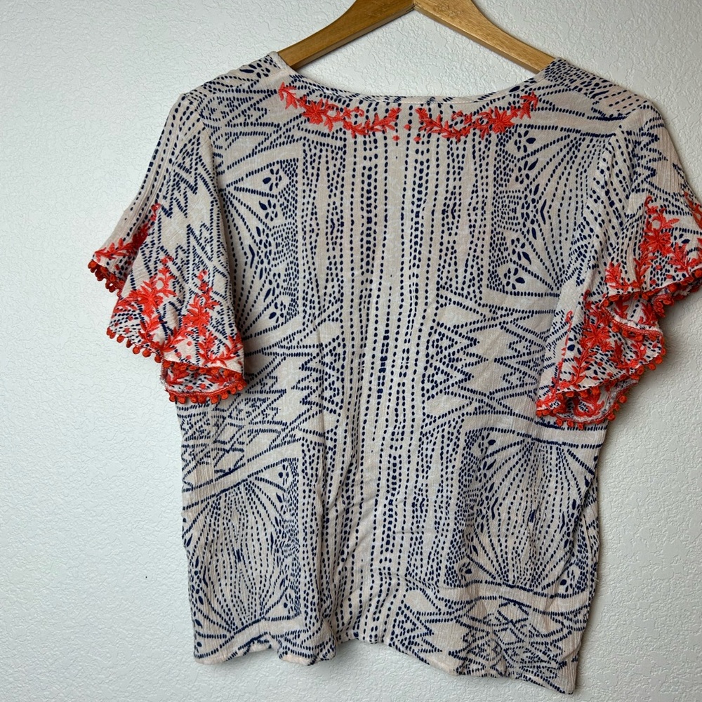 THML Embroidered Boho Blouse | Navy & Coral Summer Top - Size Small - Picture 3 of 8